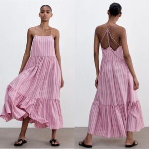 *Unavailable* Zara Pink Striped Strappy Poplin Cotton Maxi Dress Sundress XS